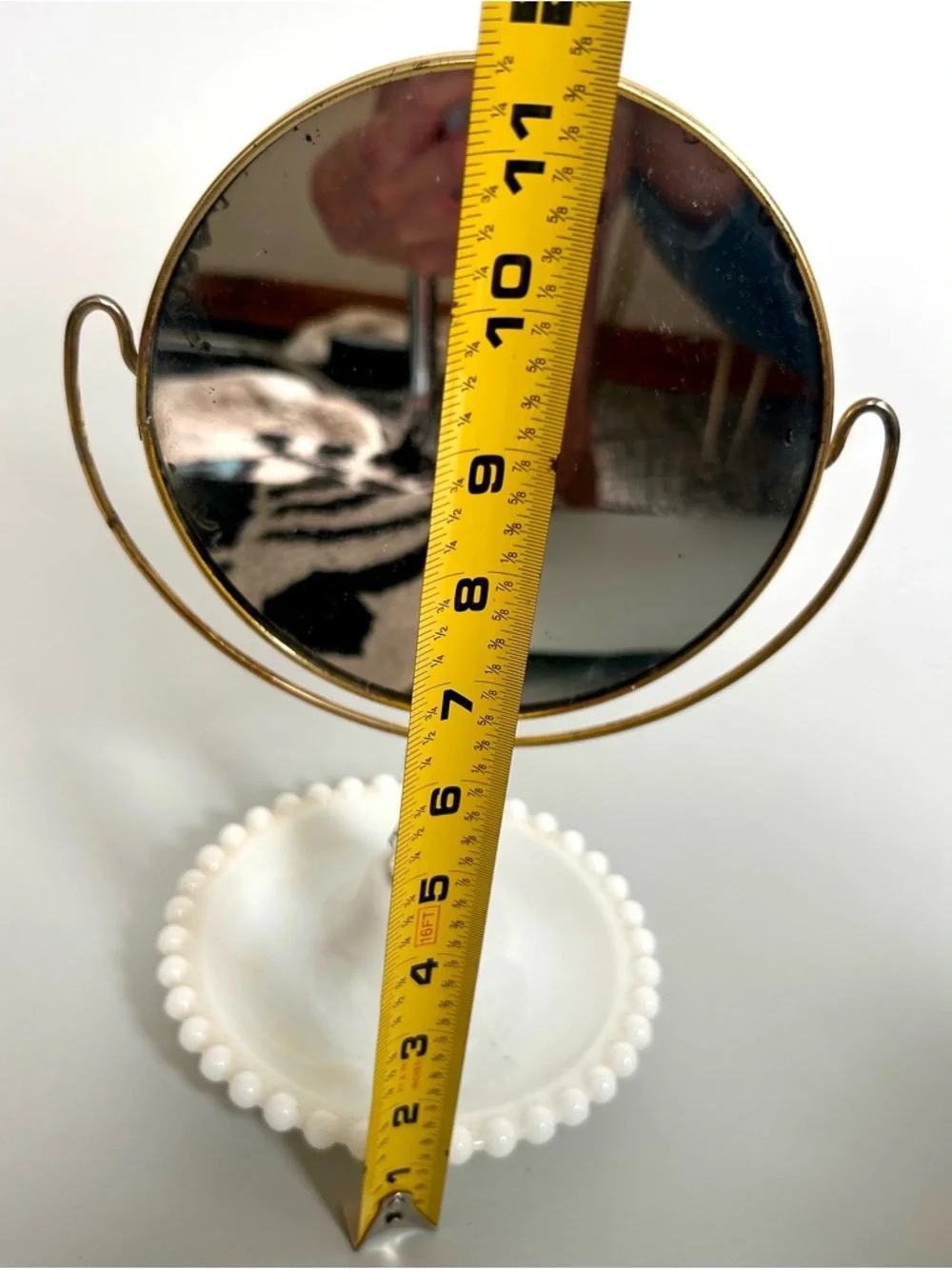 Vintage White Milk Glass Beaded Vanity Mirror with Gold Frame 1930’s
